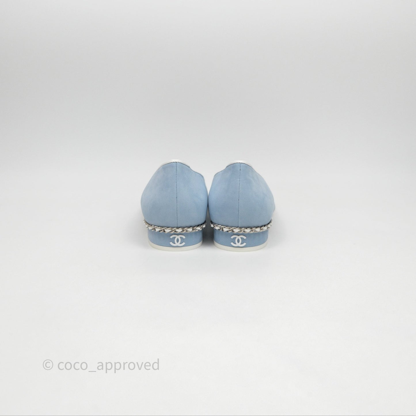 Chanel White Toe Pointed Light Blue Ballerinas With Chain Size 37