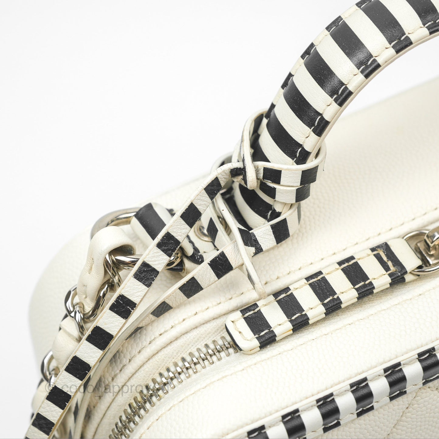Chanel Quilted Medium CC Filigree Vanity Case White Black Stripe Caviar Silver Hardware