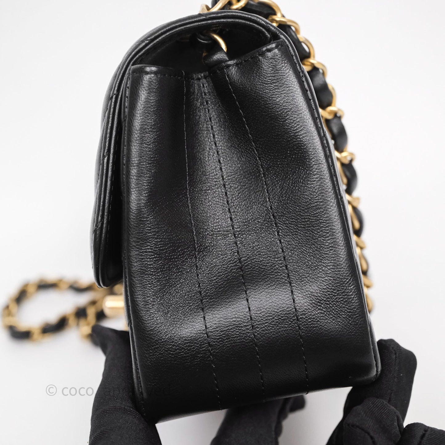 Chanel Mini Square Flap Chevron Black Lambskin Aged Gold Hardware