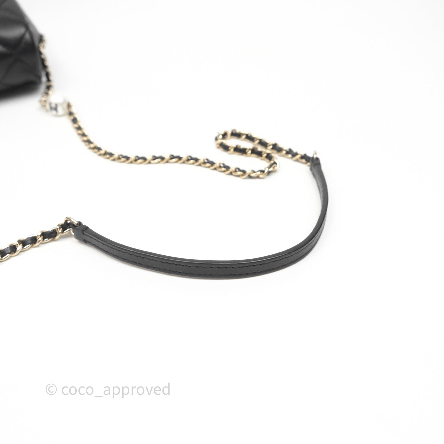 Chanel Logo Pearl Chain Flap Bag Black Lambskin Gold Hardware
