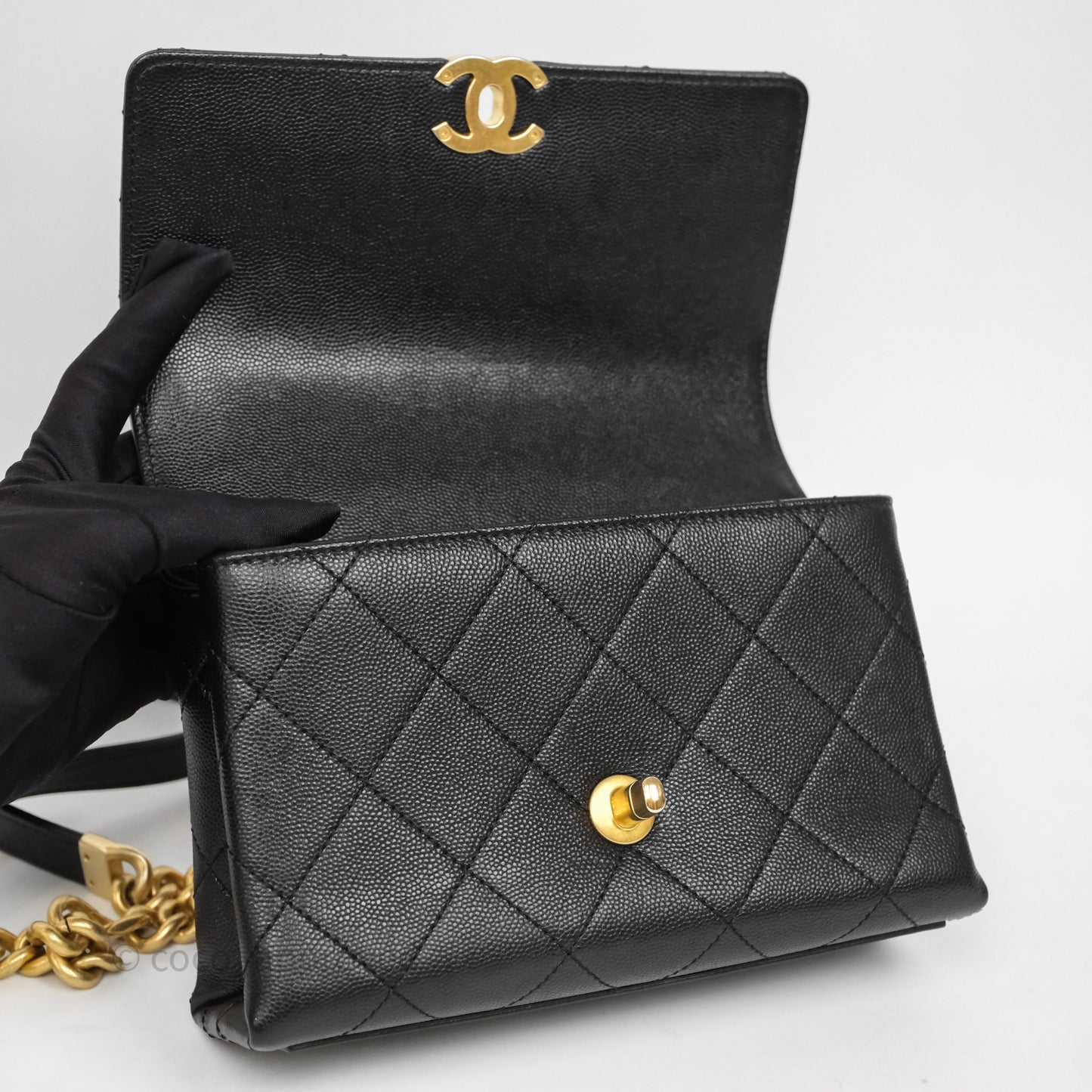 Chanel Mini Bracelet On Chain Flap Bag Flat Quilted Black Caviar Aged Gold Hardware