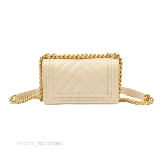 Chanel Chevron Small Boy Cream Ivory Caviar Aged Gold Hardware