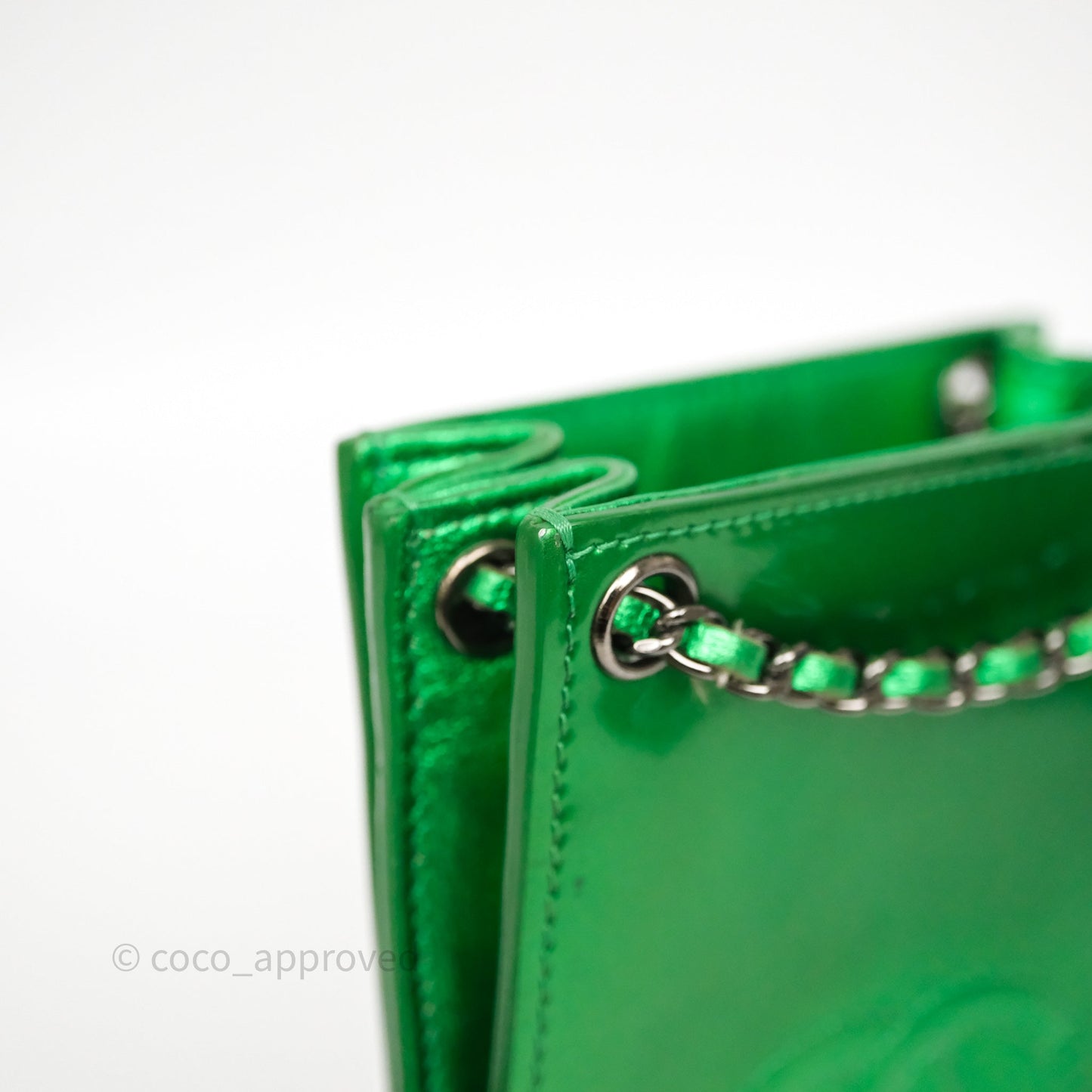 Chanel CC Phone Holder Metallic Green Patent Gun Metal Hardware