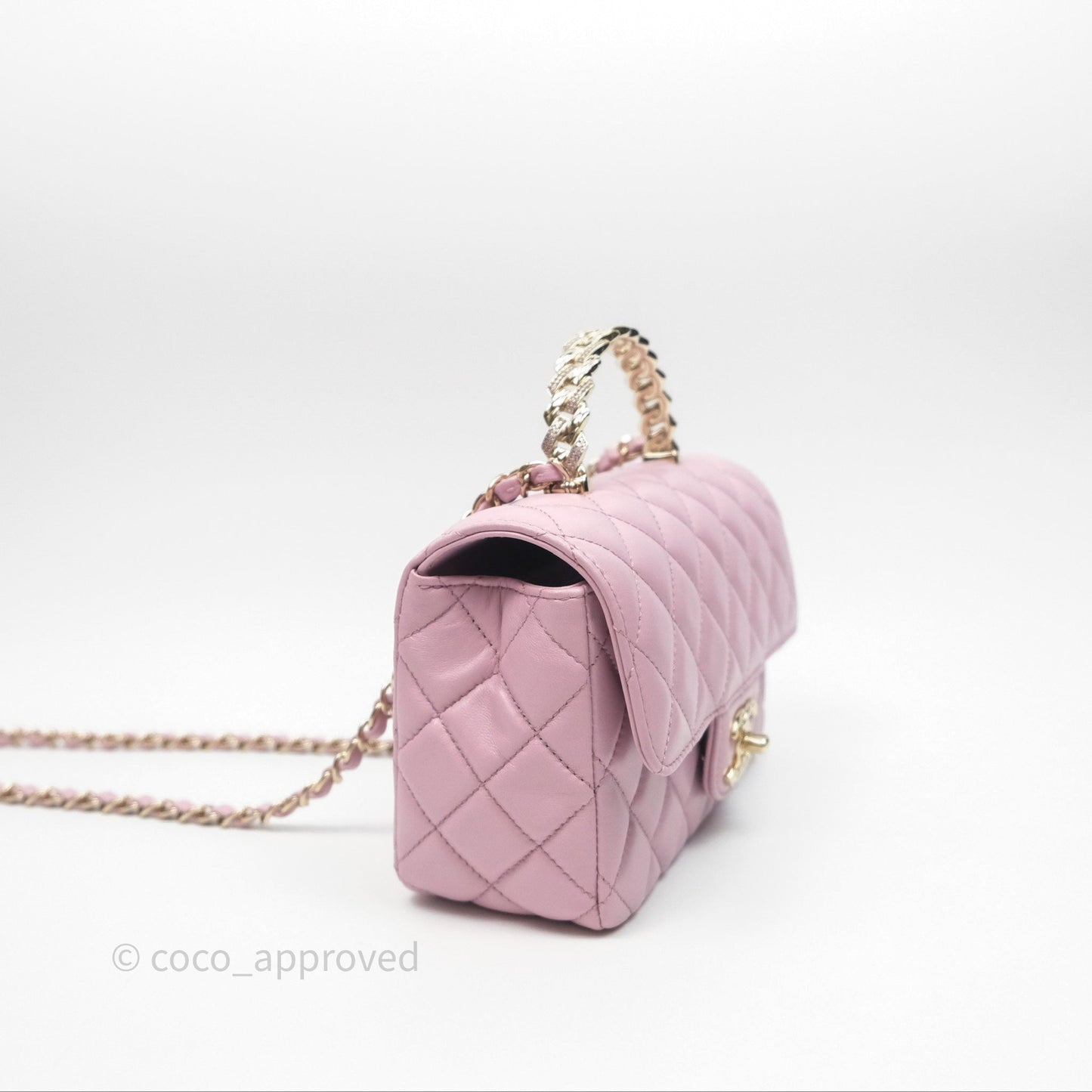Chanel Logo Top Handle Mini Rectangular Flap Bag Pink Lambskin Gold Hardware
