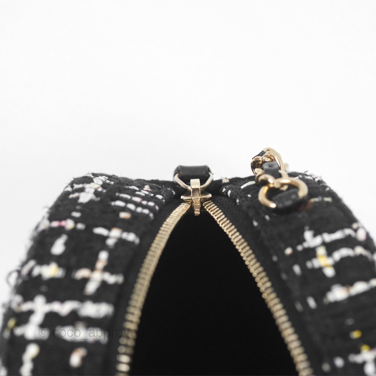 Chanel Classic Quilted Round Clutch With Chain Black Tweed Gold Hardware