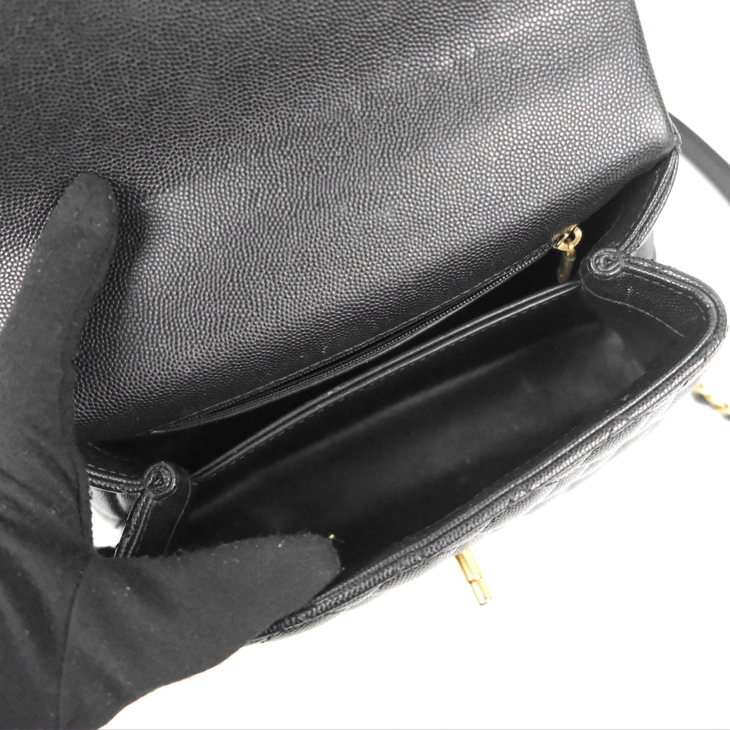 Chanel Small Coco Handle Quilted Black Caviar Aged Gold Hardware Lizard Handle