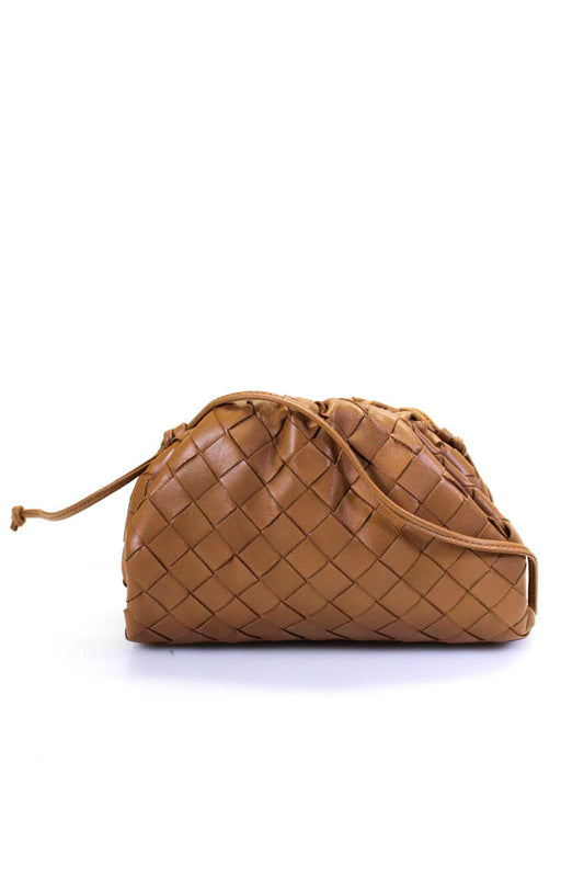Luxury Bottega Veneta Womens Intrecciato Leather Hinged Frame Clutch Handbag Tan