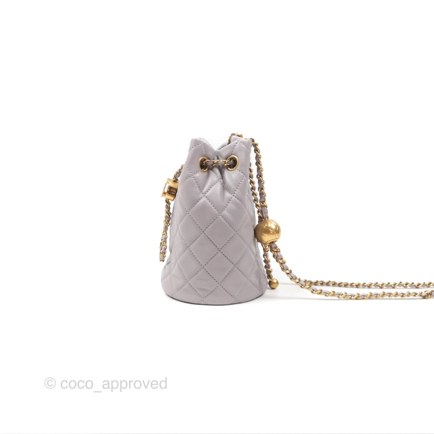 Chanel Pearl Crush Drawstring Bucket Bag Grey Lambskin Aged Gold Hardware