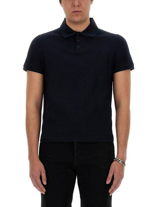 Luxury Saint Laurent Men's Monogram Cotton Short Sleeve Polo Shirt Navy