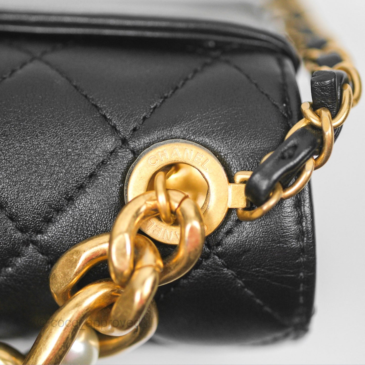 Chanel Pearl Chain Bag Black Calfskin Aged Gold Hardware