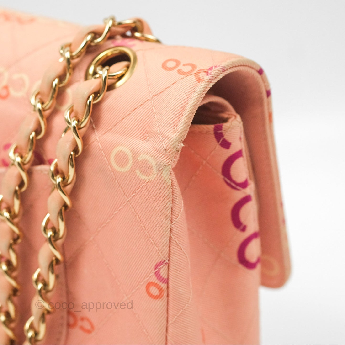 Chanel Coco Logo Medium Classic Flap Quilted Coral Pink Canvas Gold Hardware