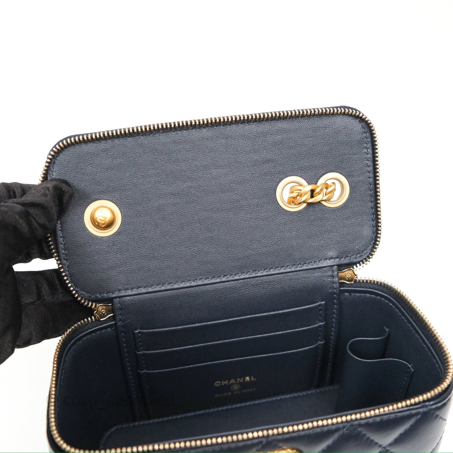 Chanel All Slide Vanity with Adjustable Chain Navy Lambskin Aged Gold Hardware