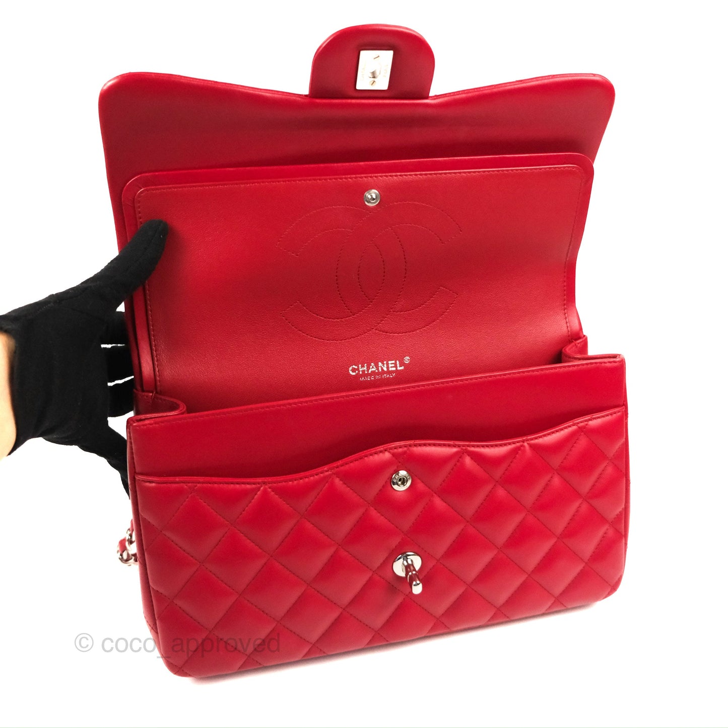 Chanel Jumbo Double Flap Red Lambskin Silver Hardware⁣⁣