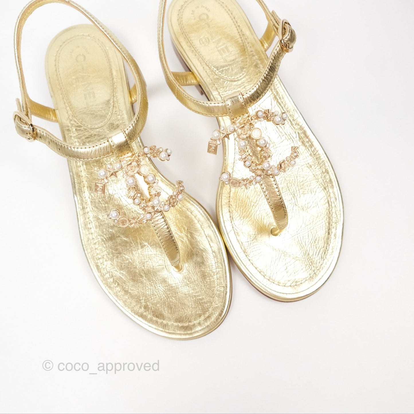 Chanel CC  Gold Metallic Leather Stone Thong Sandals Size 35