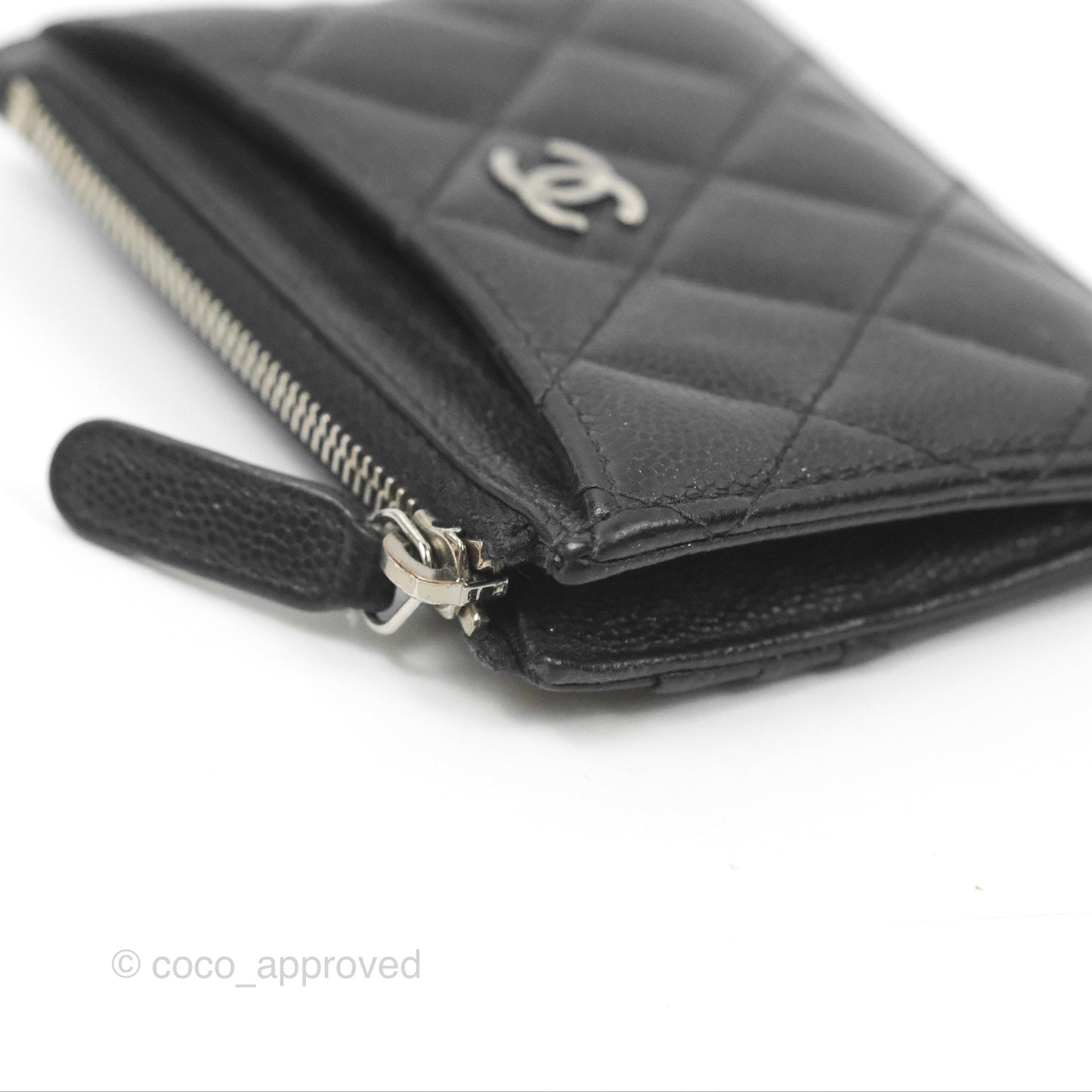 Chanel Quilted CC Zipped Card Holder Black Caviar Silver Hardware