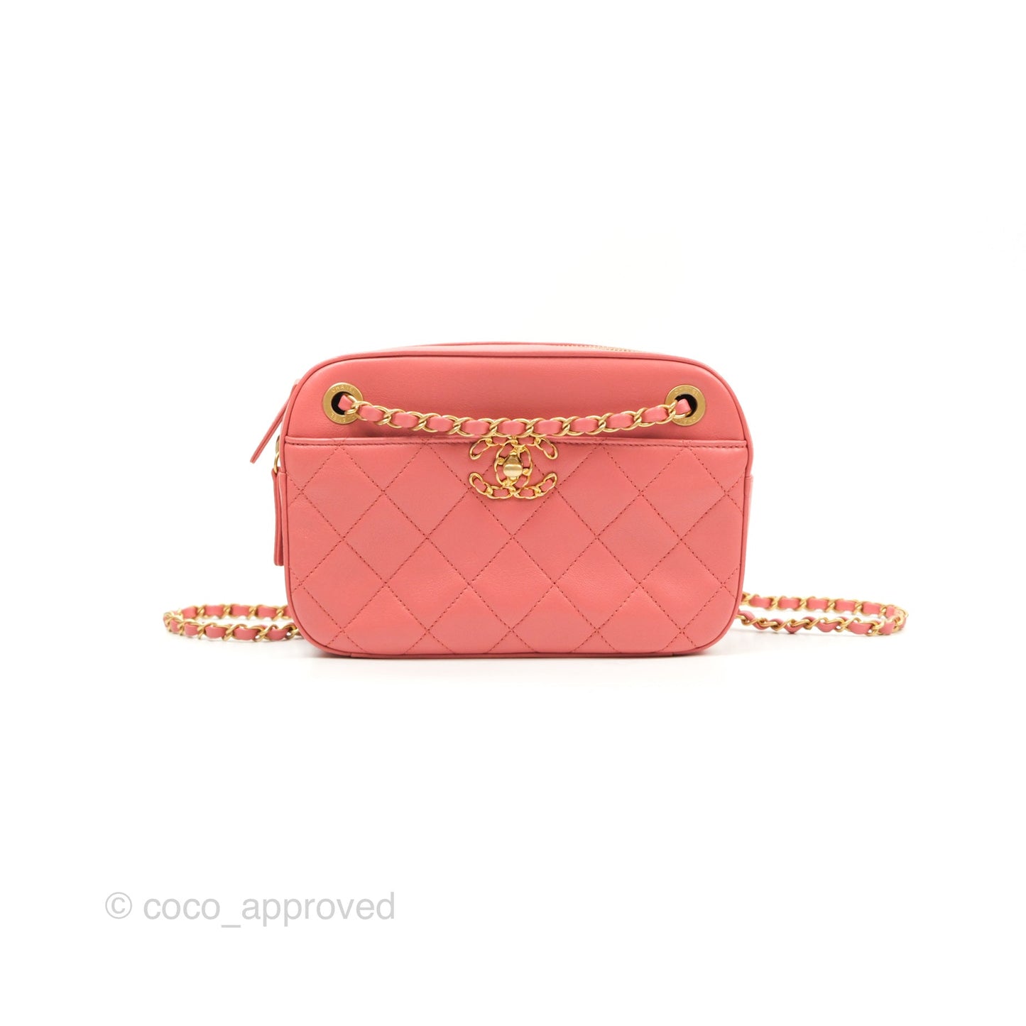 Chanel Chain Infinity Camera Case Pink Goatskin Aged Gold Hardware