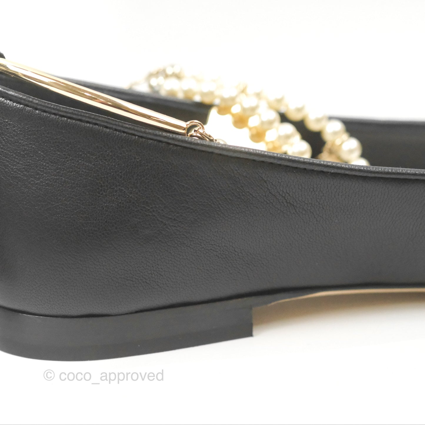 Chanel Ankle Double Pearl Pendant Flat Ballerinas Black Lambskin Size 37