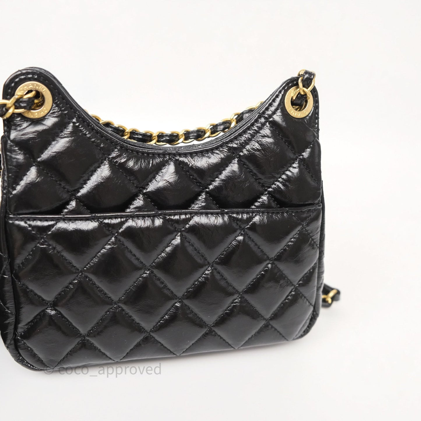 Chanel Small Hobo Black Shiny Crumpled Calfskin Aged Gold Hardware 23C