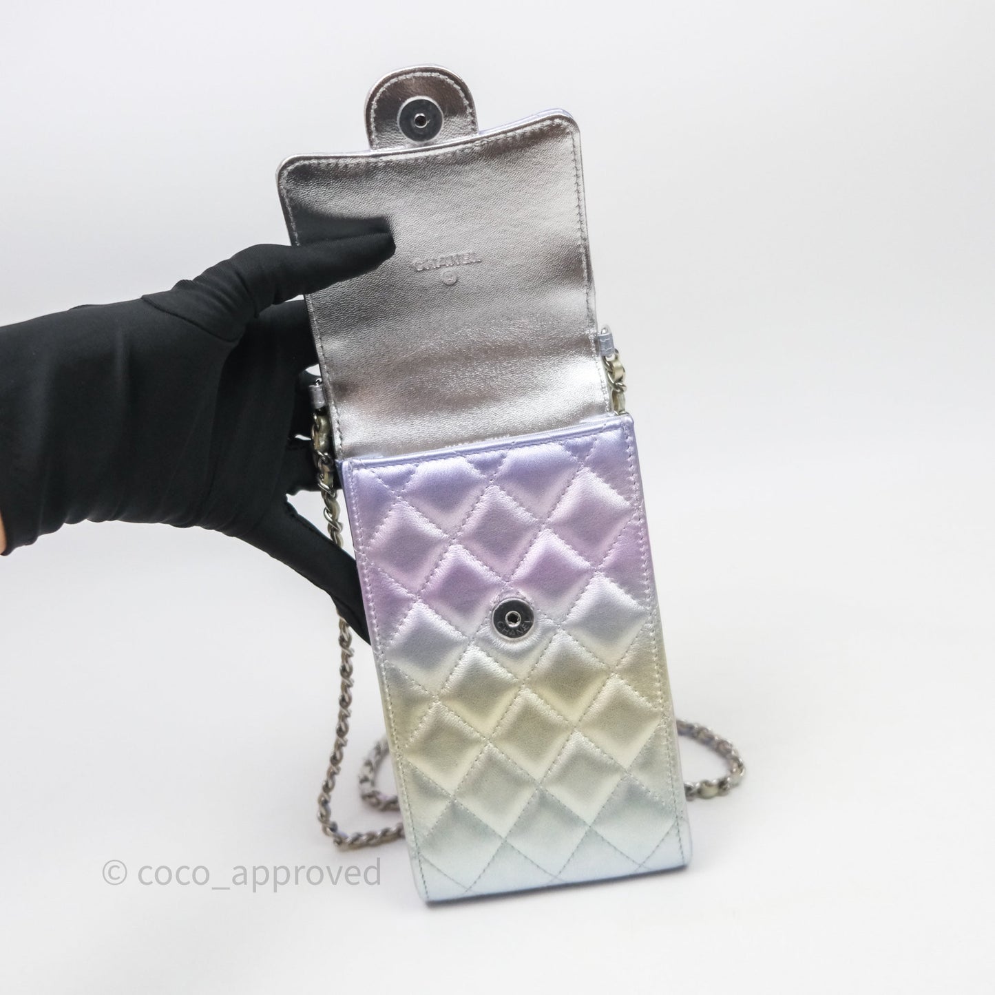 Chanel Classic Quilted Metallic Rainbow Lambskin Phone Holder Rainbow Hardware