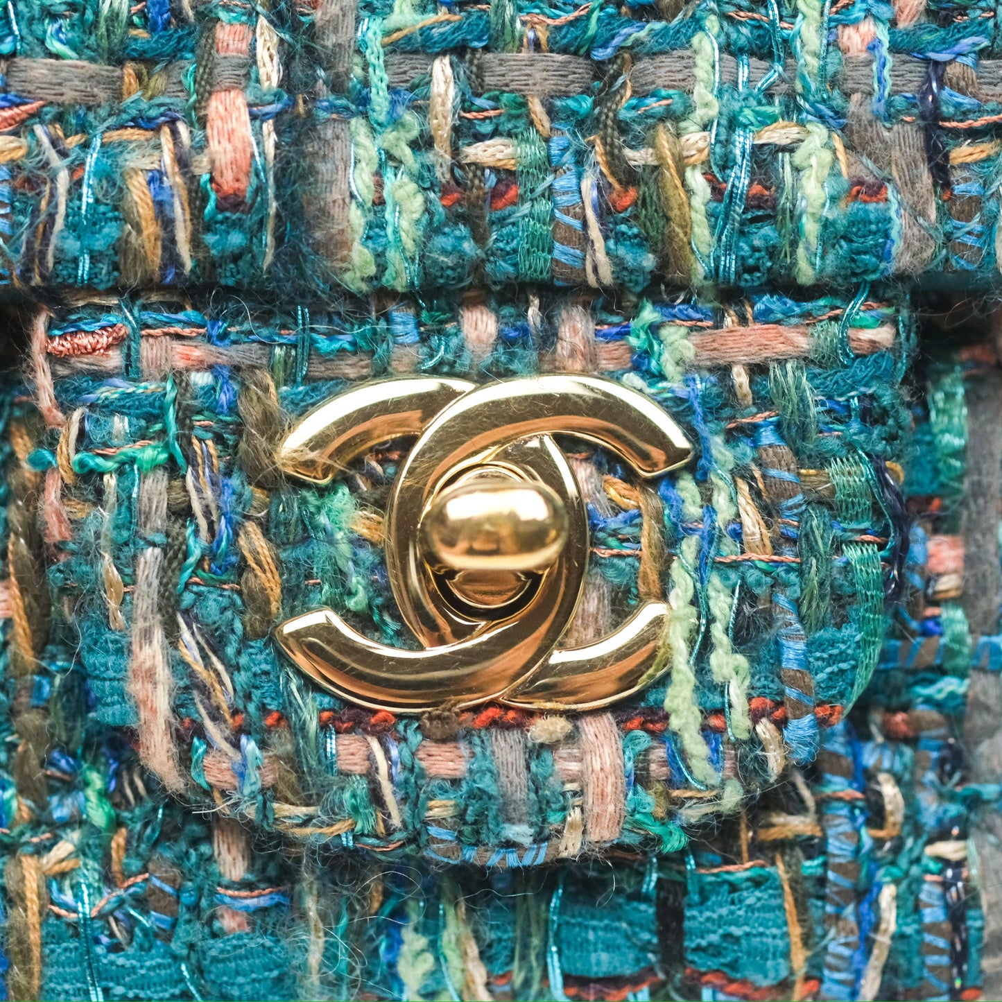 Chanel Mini Rectangular Flap Teal Tweed Gold Hardware