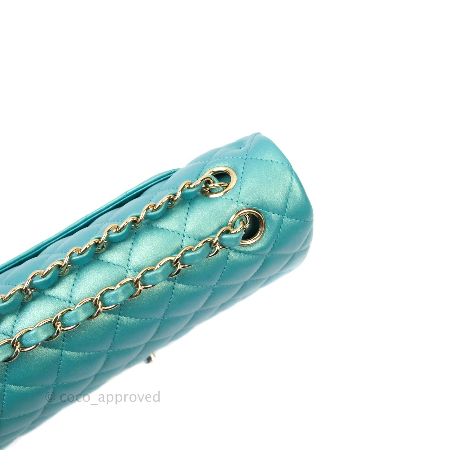 Chanel Classic M/L Medium Double Flap Iridescent Turquoise Calfskin Gold Hardware