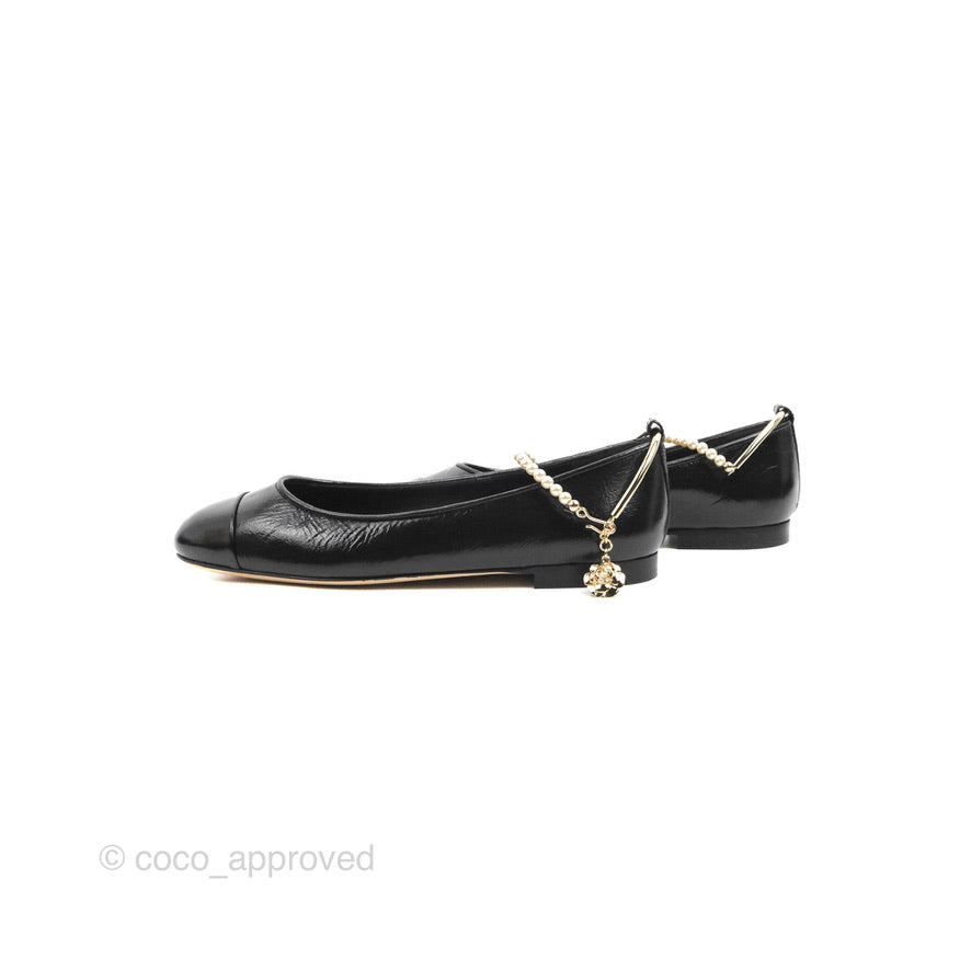 Chanel Ankle Pearl Flat Ballerinas Black Lambskin 23C Sizes 37