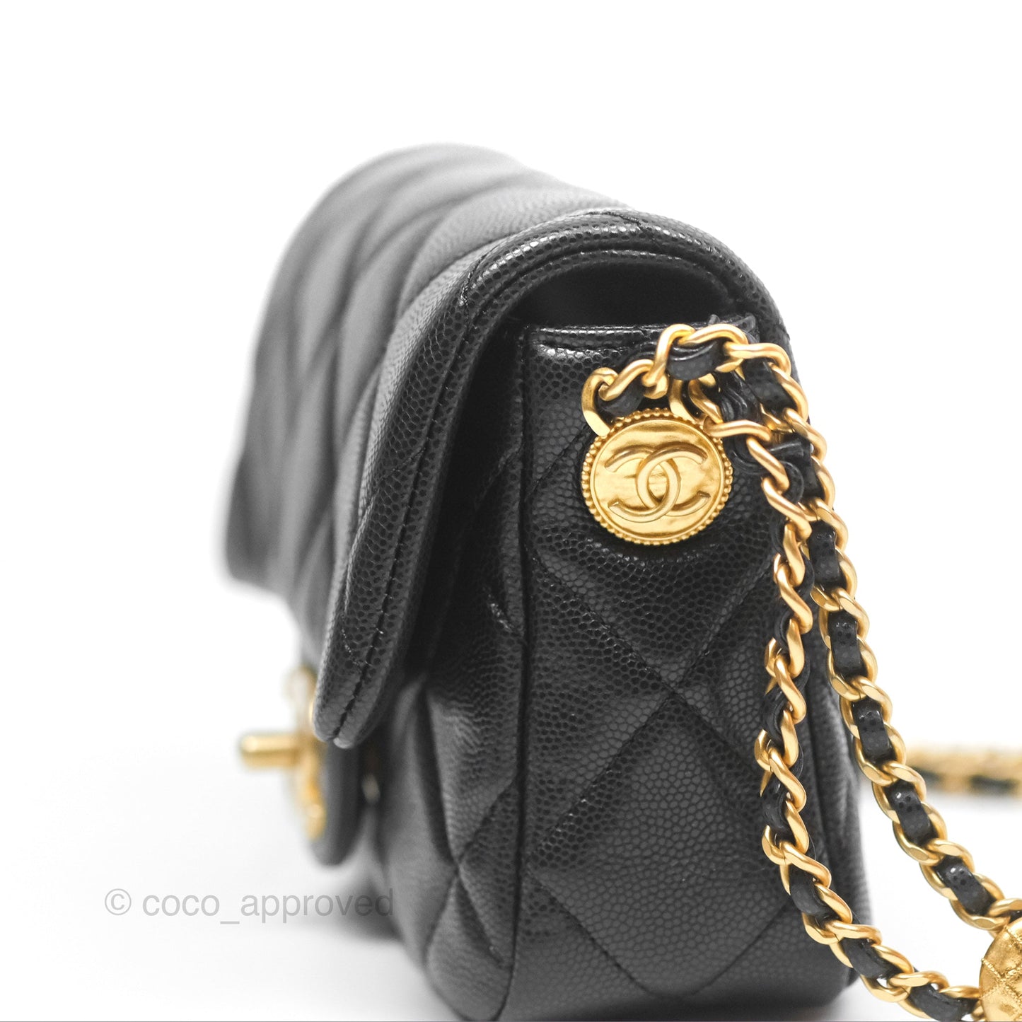 Chanel Mini Flap with Coin Charm Black Caviar Aged Gold Hardware 22A