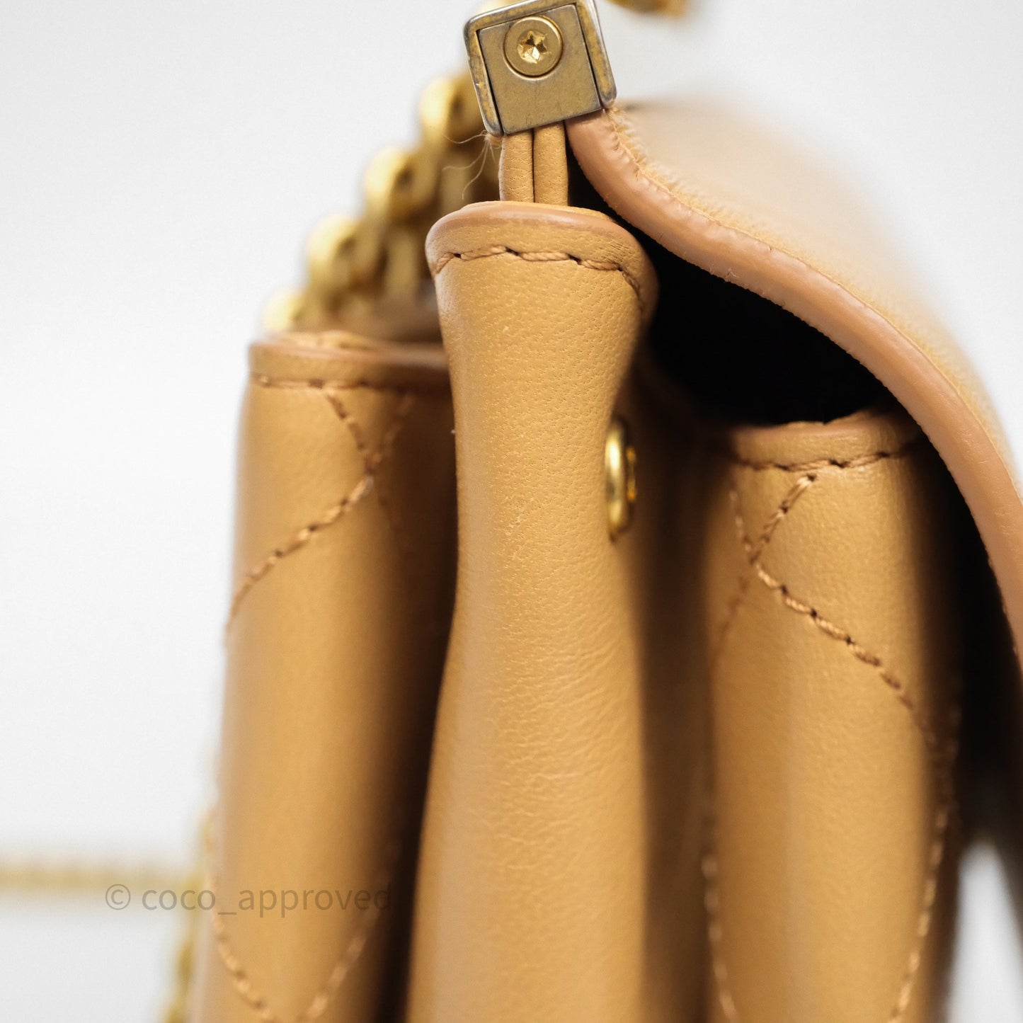 Chanel Small Coco Luxe Flap Bag Caramel Beige Calfskin Aged Gold Hardware