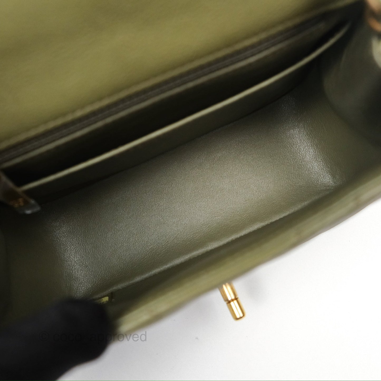 Chanel Mini Square Flap Chevron Olive Green Calfskin Gold Hardware