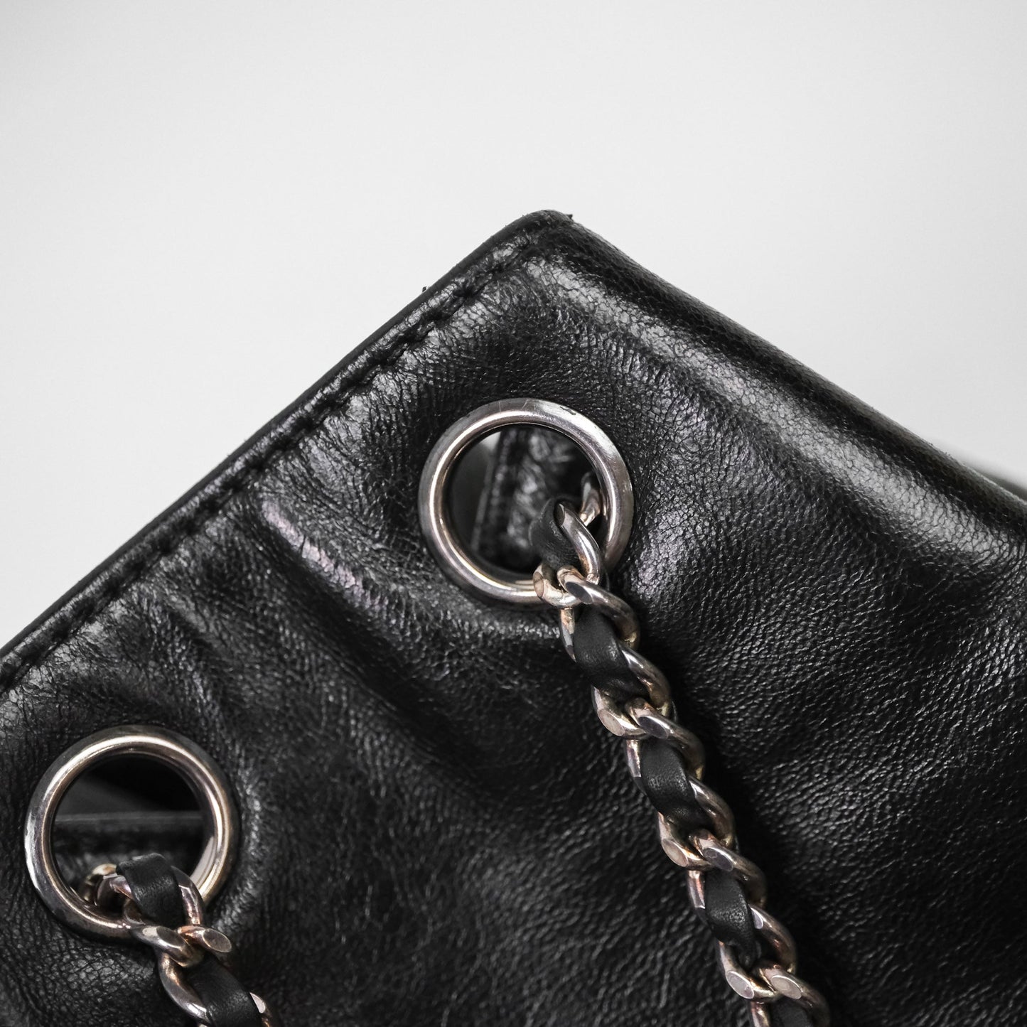 Chanel Vintage CC Drawstring Bag Black Calfskin Silver Hardware