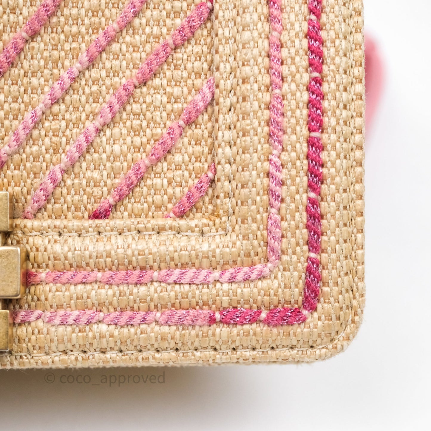 Chanel Small Boy Chevron Raffia Metallic Pink Aged Gold Hardware