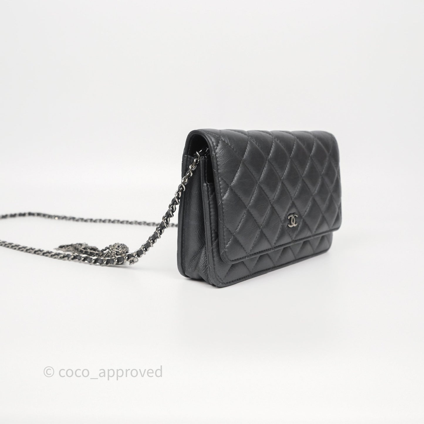 Chanel Tassel Charm Wallet On Chain WOC Iridescent Dark Silver Aged Calfskin