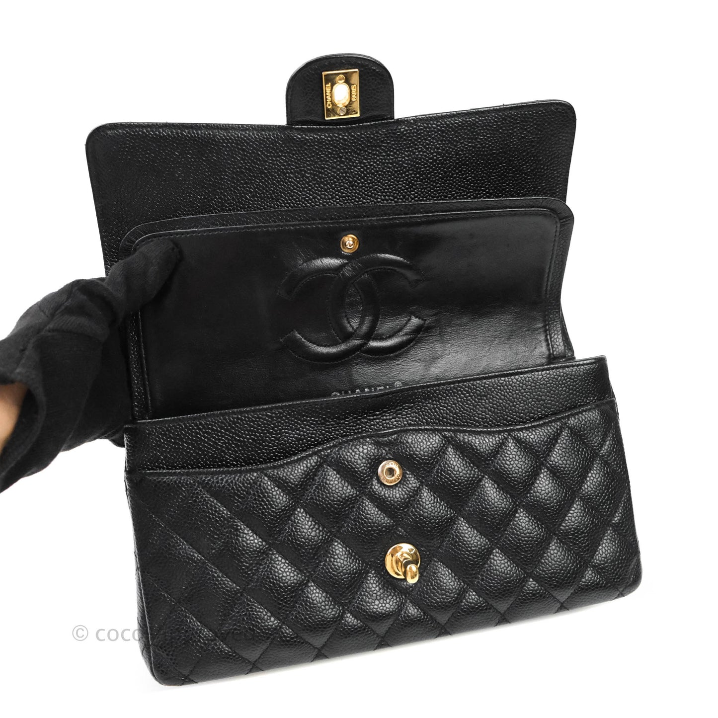 Chanel Quilted M/L Medium Double Flap Black Caviar Gold Hardware