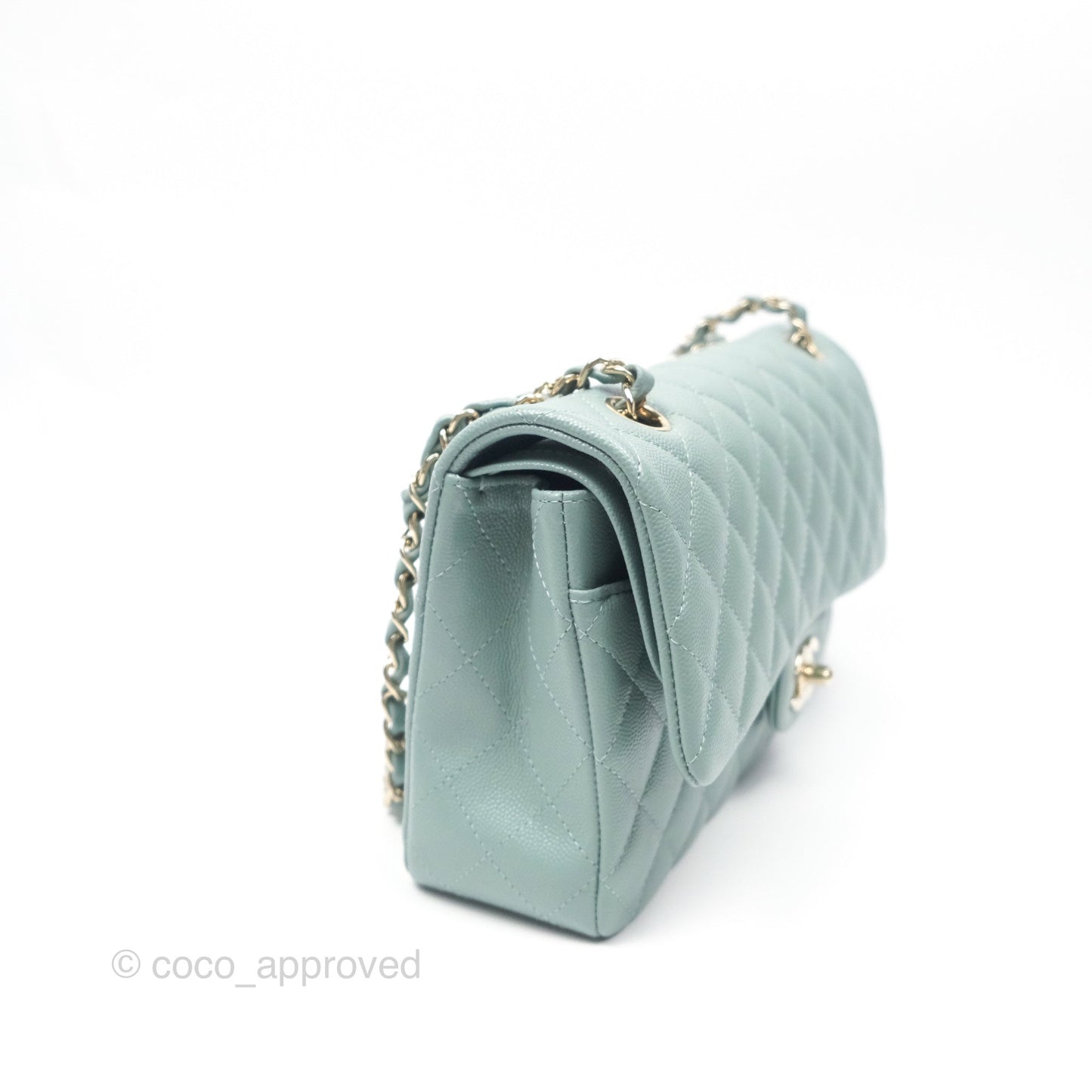 Chanel Classic M/L Medium Flap Quilted Tiffany Seafoam Green Caviar Gold Hardware