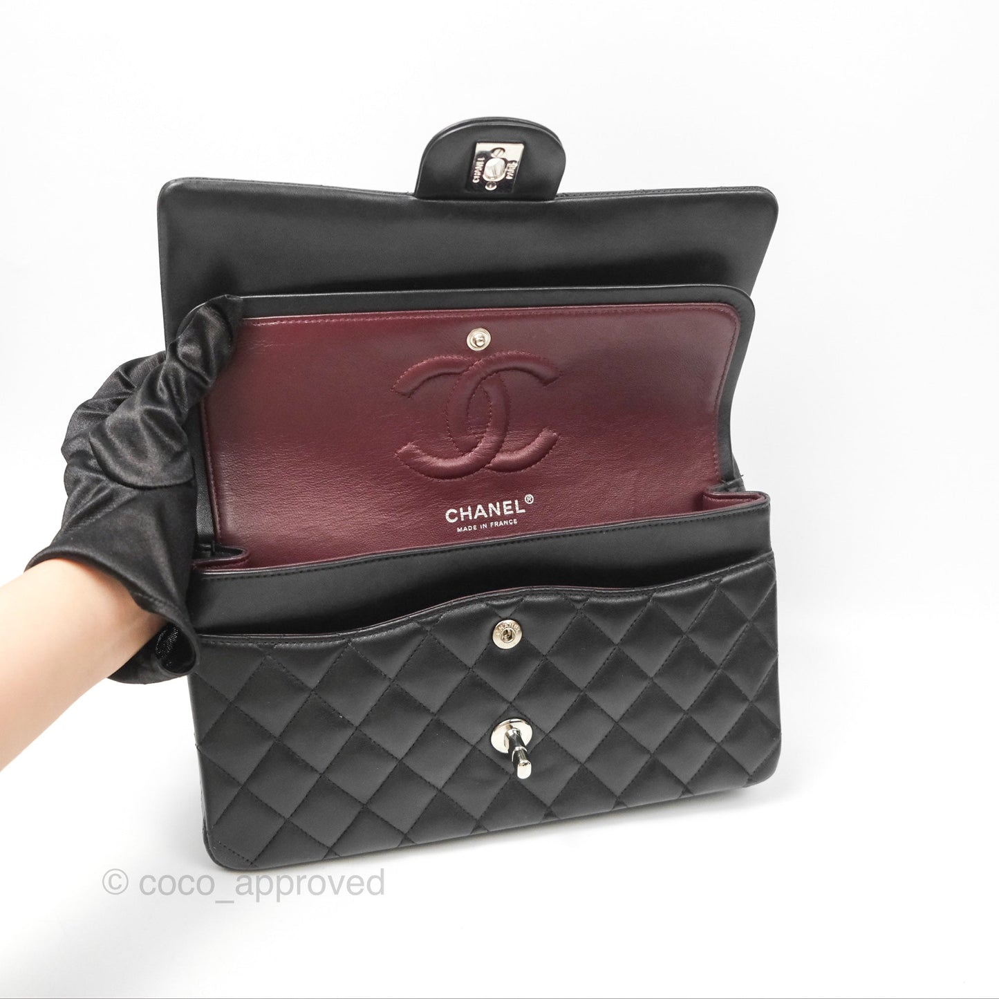 Chanel Classic M/L Medium Flap Quilted Black Lambskin Silver Hardware