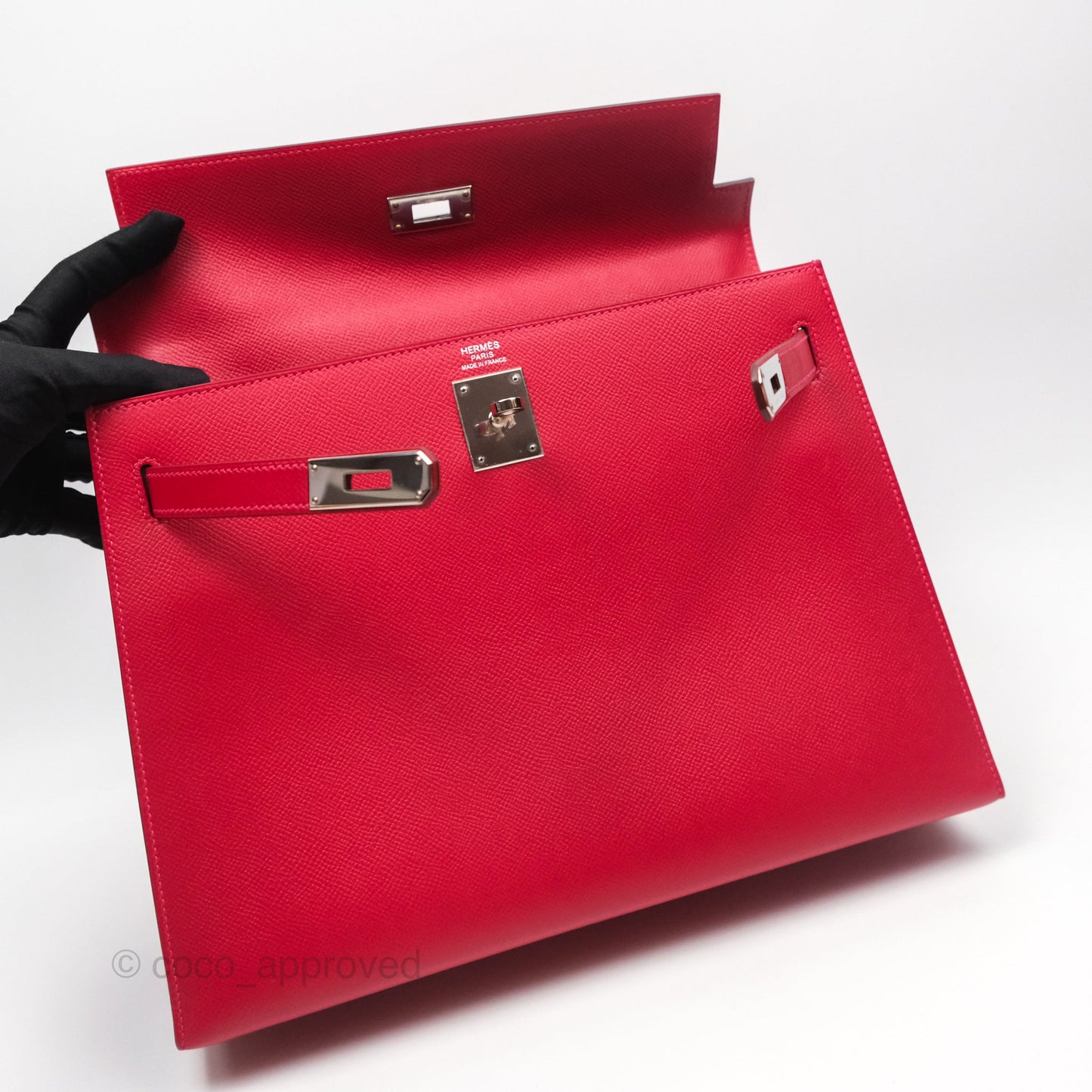 Hermès Kelly 32 Sellier Rouge Casaque Q5 Epsom Palladium Hardware