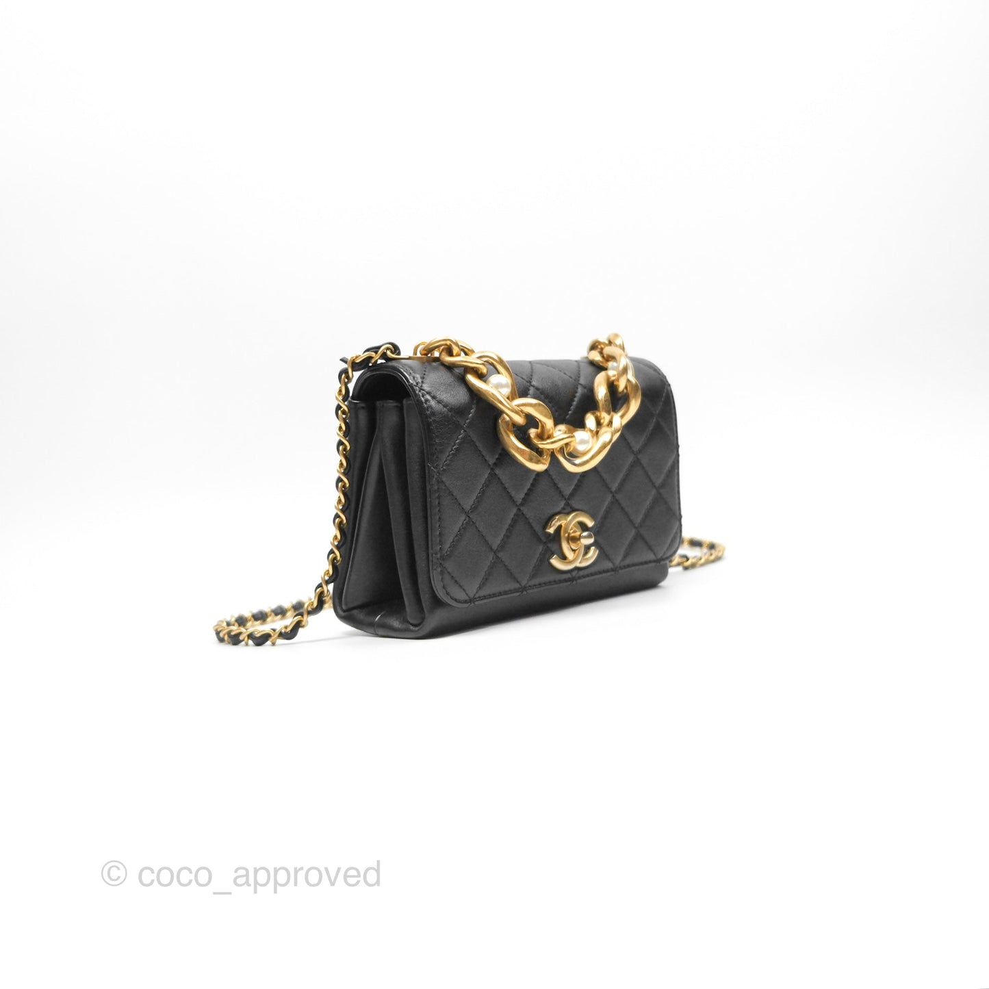 Chanel Pearl Chain Bag Black Calfskin Aged Gold Hardware