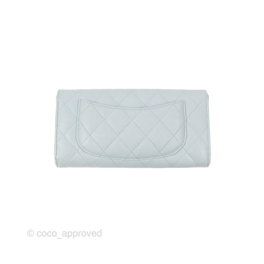 Chanel Classic Quilted Flap Long Wallet Light Blue Caviar Gold Hardware