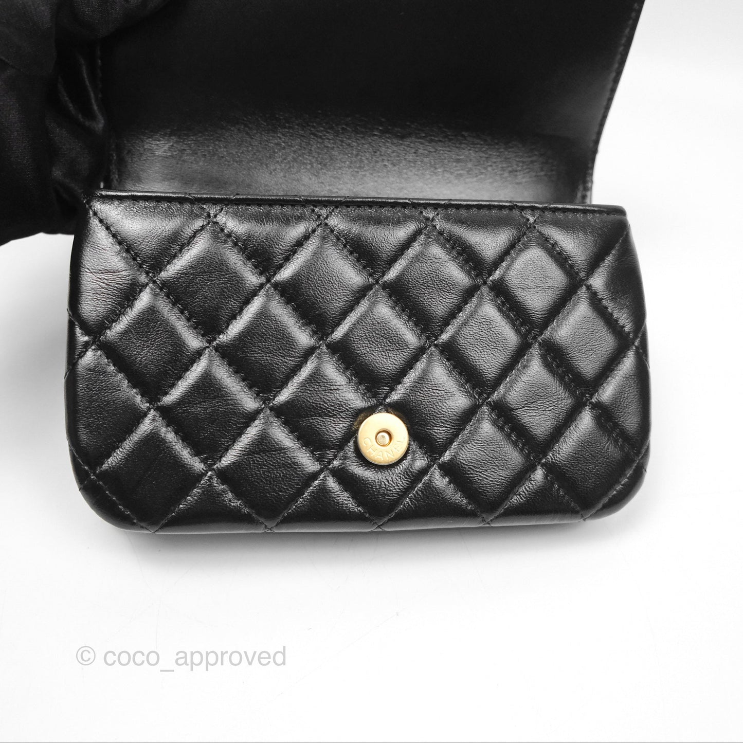 Chanel Flap Phone Holder With Chain Quilted Black Shiny Lambskin