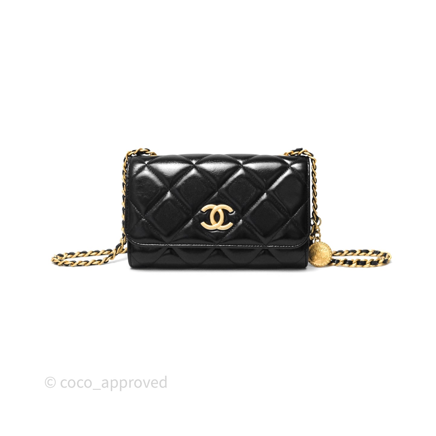 Chanel Quilted Medallion Wallet on Chain WOC Black Glossy Lambskin Gold Hardware 22K