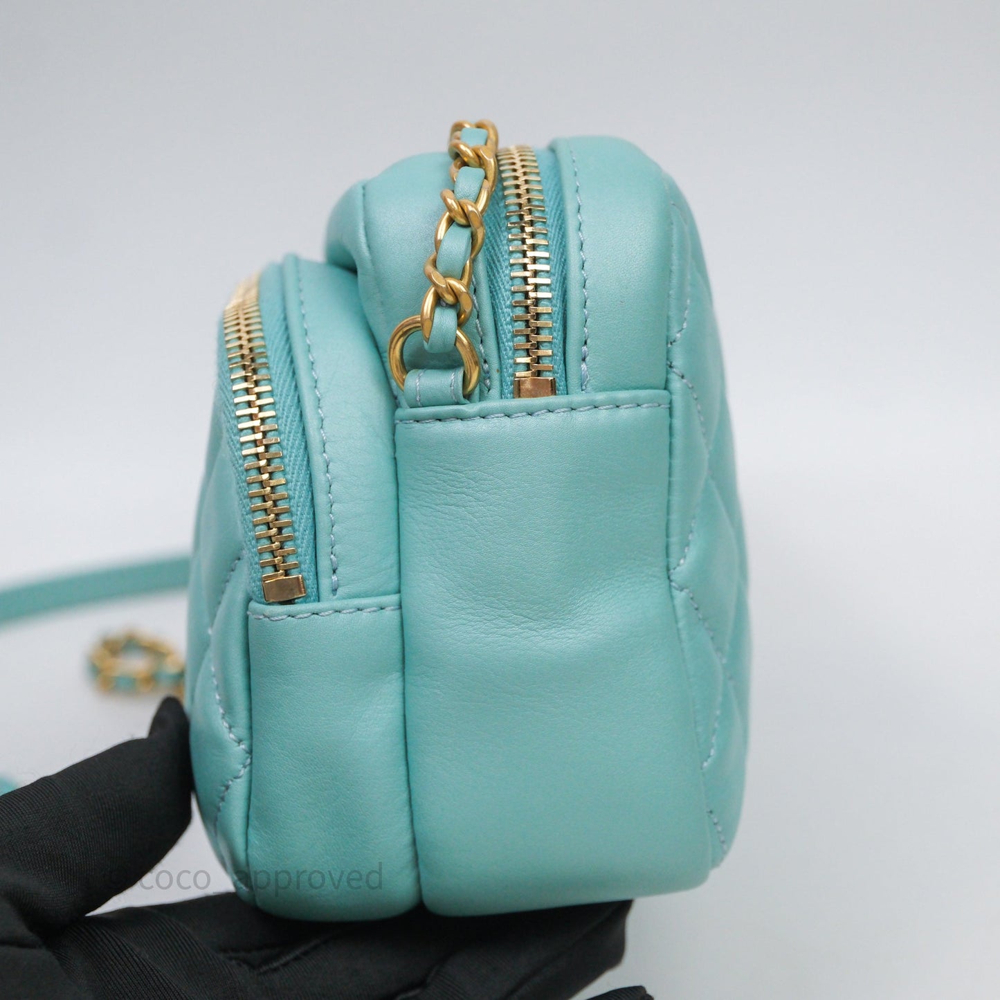 Chanel Camera Bag Quilted Pearly Turquoise Lambskin Aged Gold Hardware