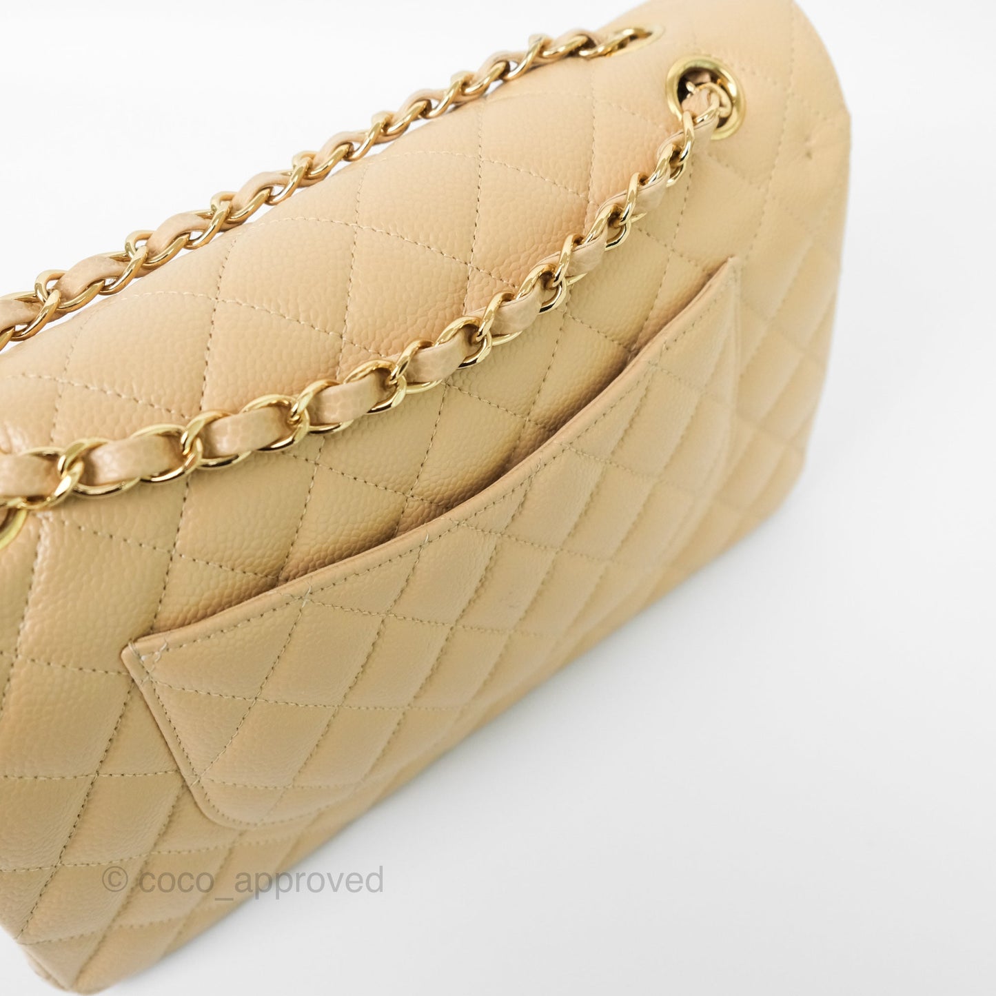 Chanel M/L Medium Classic Flap Quilted Beige Caviar Gold Hardware