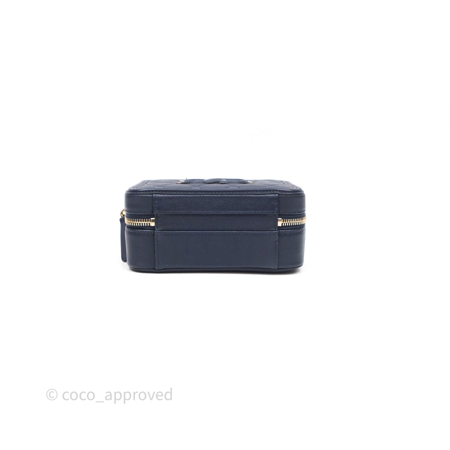 Chanel Quilted Small CC Filigree Vanity Case Navy Caviar Gold Hardware