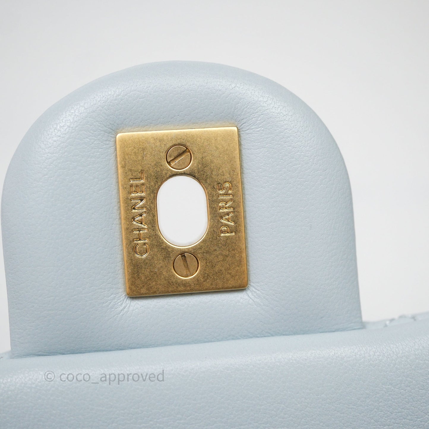 Chanel Pearl Crush Mini Rectangular Light Blue Lambskin Aged Gold Hardware