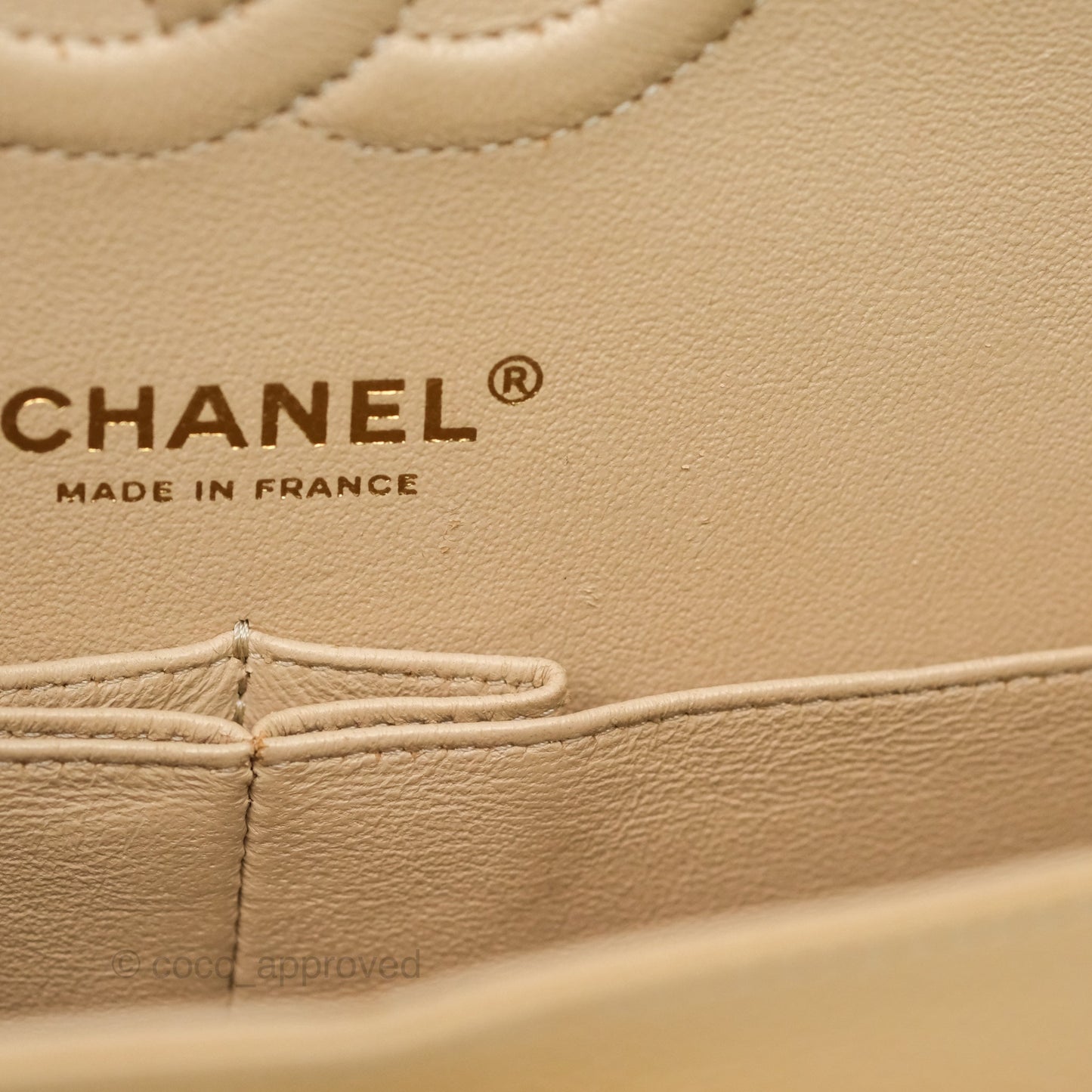 Chanel M/L Medium Classic Flap Quilted Beige Caviar Gold Hardware