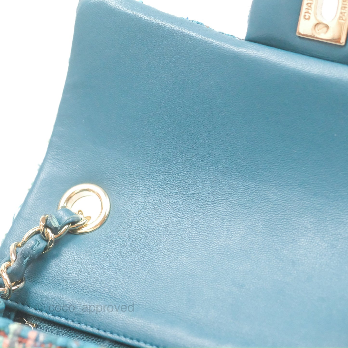 Chanel Mini Rectangular Flap Teal Tweed Gold Hardware