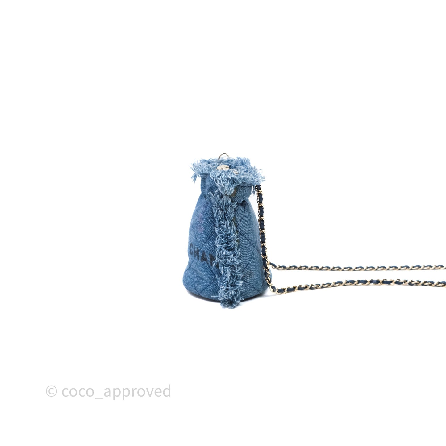 Chanel Mood Denim Mini Bucket Bag with Chain Blue Gold Hardware