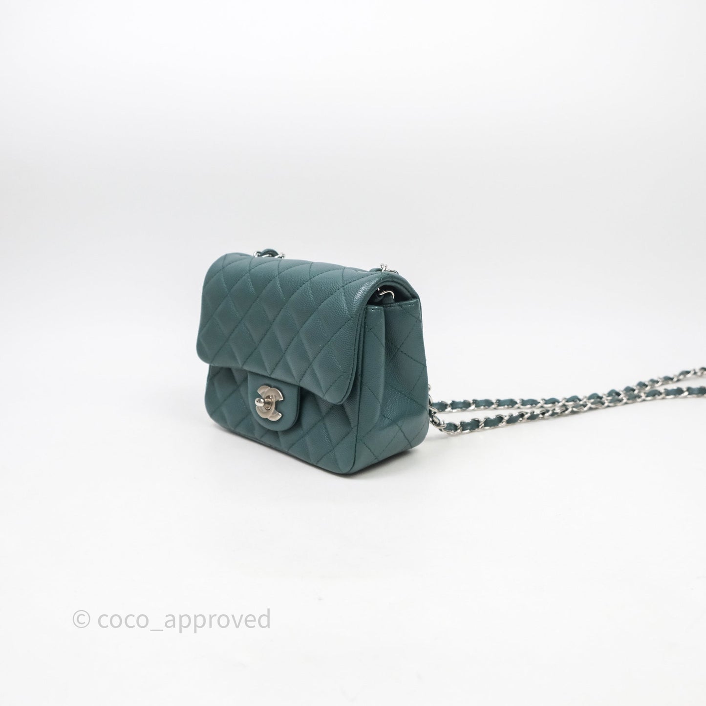 Chanel Quilted Mini Square Flap Dark Green Caviar Silver Hardware