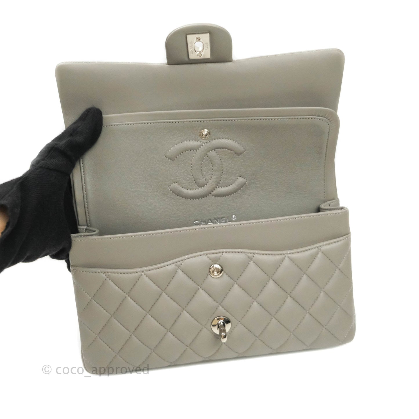Chanel M/L Medium Double Flap Bag Grey Lambskin Silver Hardware 19B