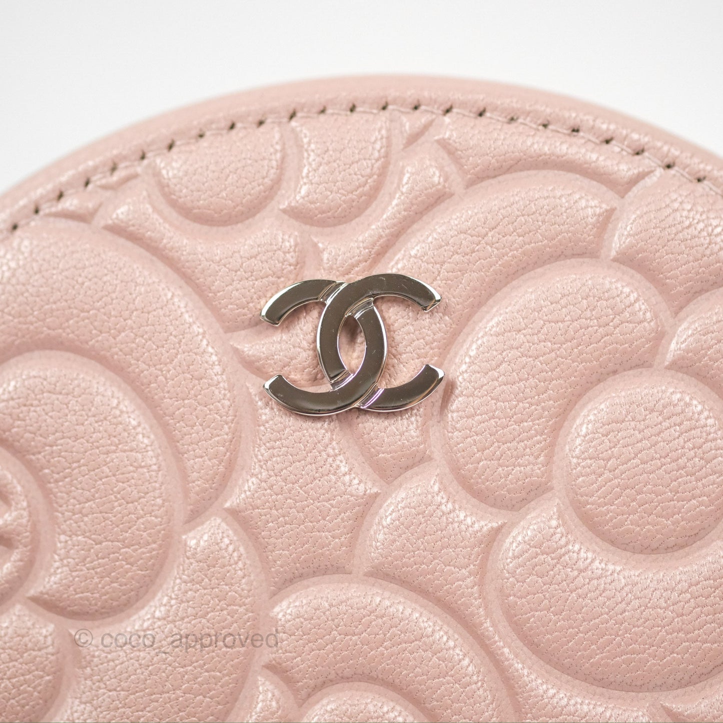 Chanel Camellia Embossed Round Clutch With Chain Iridescent Light Pink Goatskin Silver Hardware